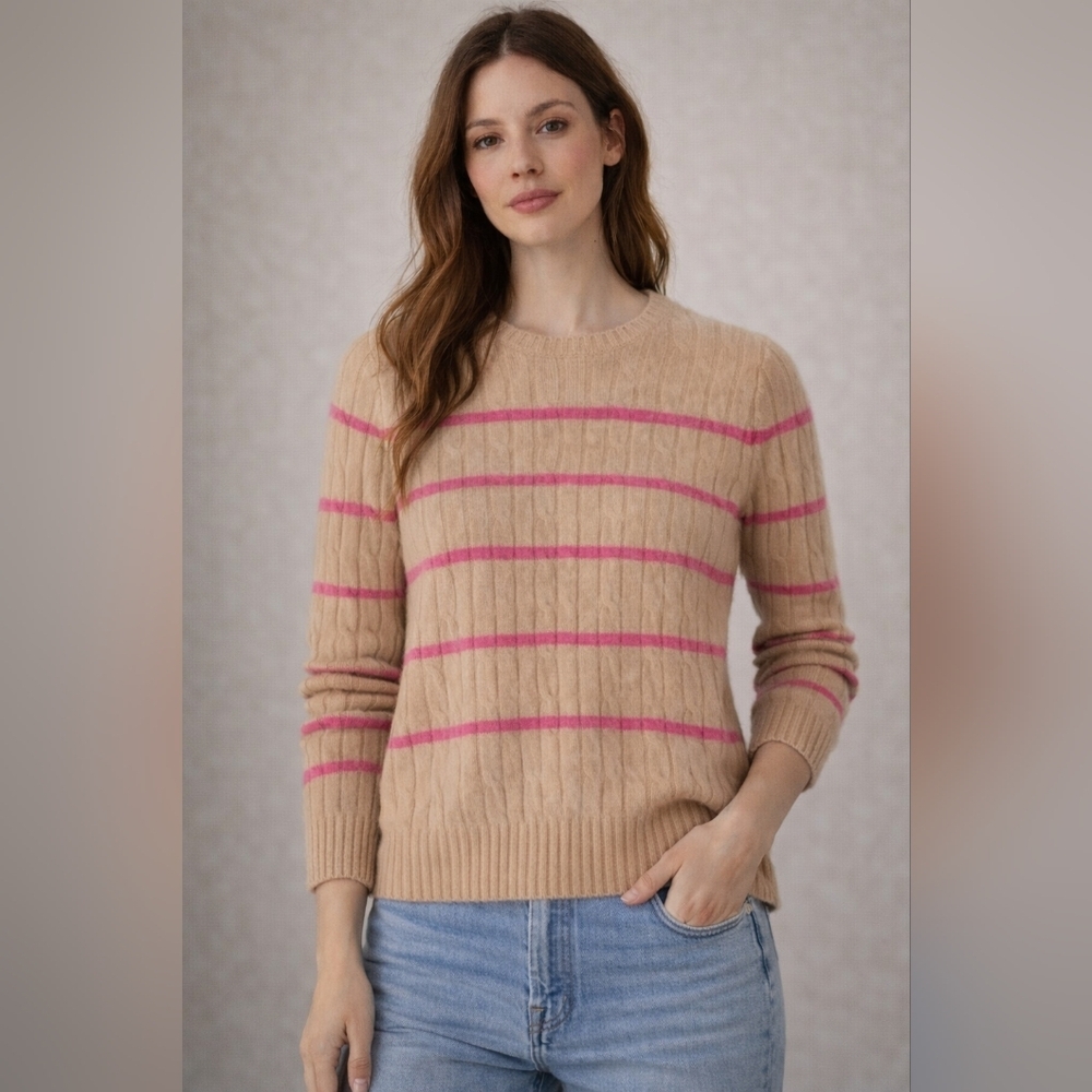 Vineyard Vines 100% Cashmere Cable Knit Striped Sweater Camel Pink Size S